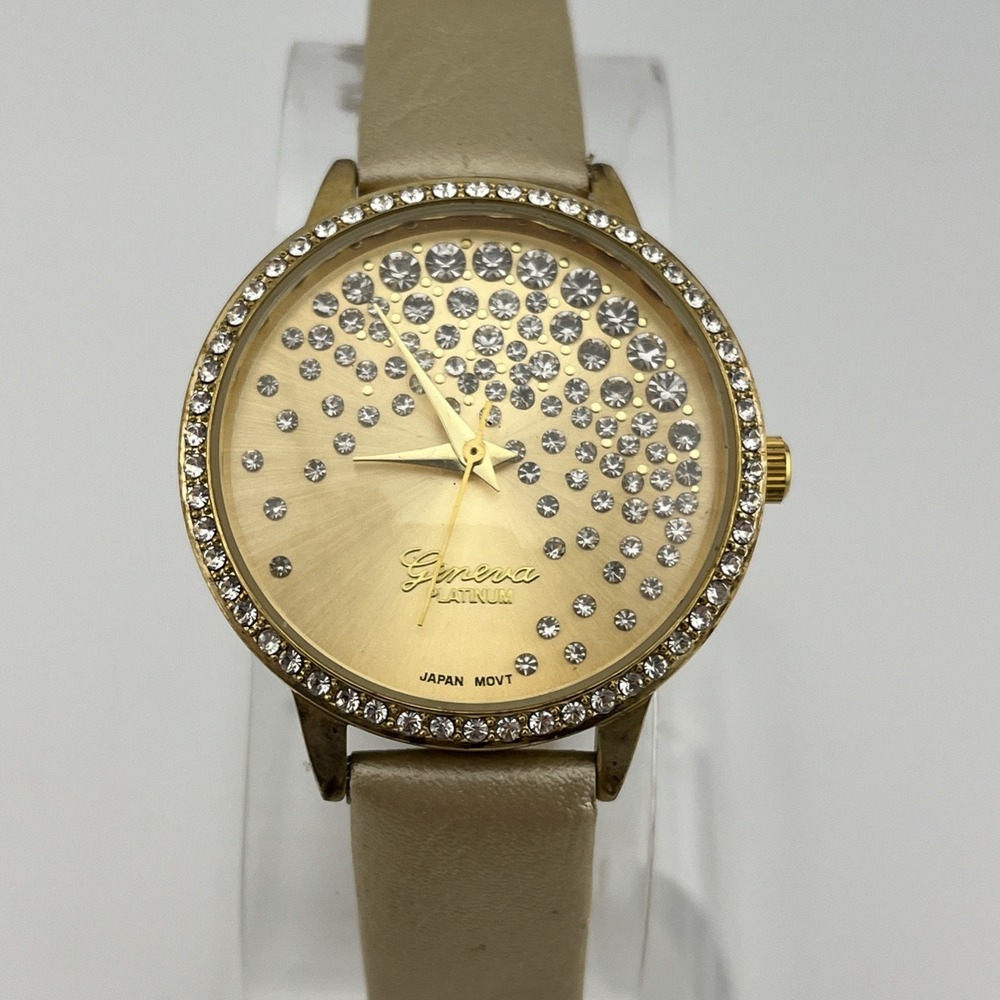 Geneva Platinum Watch Women 34mm Gold Case Faux Leather Band- New Battery